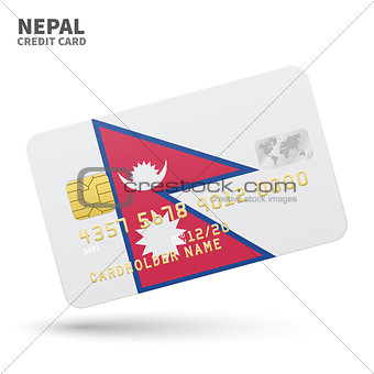Credit card with Nepal flag background for bank, presentations and business. Isolated on white