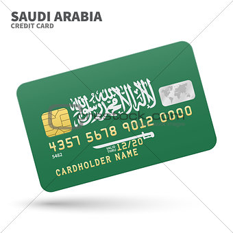 Credit card with Saudi Arabia flag background for bank, presentations and business. Isolated on white