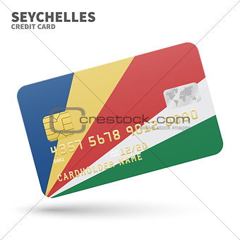 Credit card with Seychelles flag background for bank, presentations and business. Isolated on white