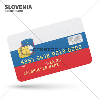 Credit card with Slovenia flag background for bank, presentations and business. Isolated on white