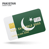 Credit card with Pakistan flag background for bank, presentations and business. Isolated on white
