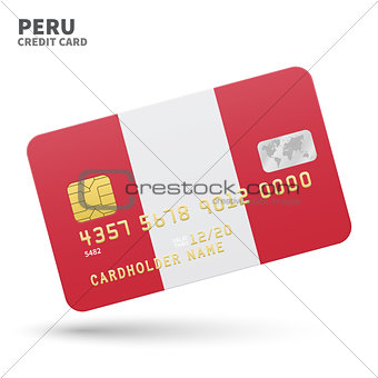 Credit card with Peru flag background for bank, presentations and business. Isolated on white