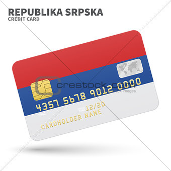 Credit card with Republika Srpska flag background for bank, presentations and business. Isolated on white