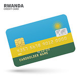 Credit card with Rwanda flag background for bank, presentations and business. Isolated on white