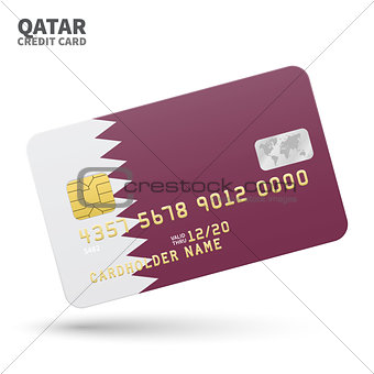 Credit card with Qatar flag background for bank, presentations and business. Isolated on white