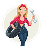 Beautiful girl in car repair service with wheel