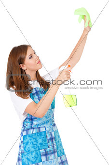 Housewife with cleaning spray