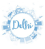 Outline Delhi skyline with blue landmarks and copy space. 