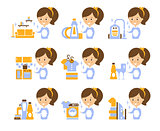 Cleaning Service Girl And Finished Tasks Set Of Illustrations