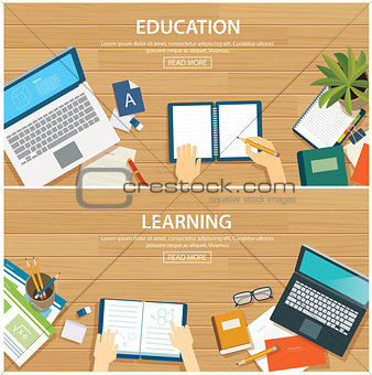 Education and learning banner flat design template. School objec