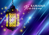 Ramadan Kareem Greetings with Colorful Set of Lanterns or Fanous in a Dark Glowing Background. 3D Realistic Vector Illustration