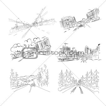 Cars on city road, set of hand drawn illustrations for your design