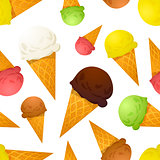 Bright colorful ice cream cones different tastes, seamless pattern