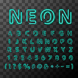 Bright neon letters, full latin alphabet on transparent background