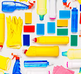 Cleaning supplies on white background.