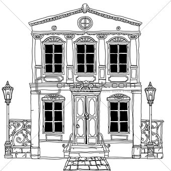Black and white illustration of a house. Vector.