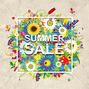 Summer sale design, floral frame on cardboard paper
