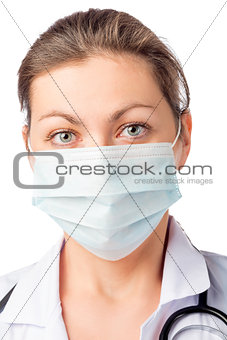 woman surgeon in medical mask on his face on a white background