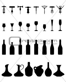 bottles, glasses and corkscrew