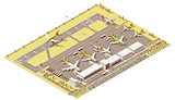 Vector isometric low poly airport terminal building with control tower, landing jet, airplanes at apron and Ground Support vehicles working