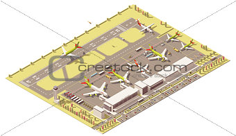 Vector isometric low poly airport terminal building with control tower, landing jet, airplanes at apron and Ground Support vehicles working