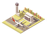 Vector isometric minimalistic low poly airport terminal building with control tower and propeller airplane landing