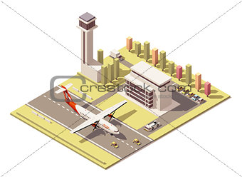 Vector isometric minimalistic low poly airport terminal building with control tower and propeller airplane landing