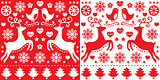 Christmas red greetings card pattern with reindeer - folk art style