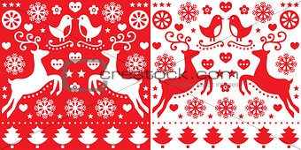 Christmas red greetings card pattern with reindeer - folk art style