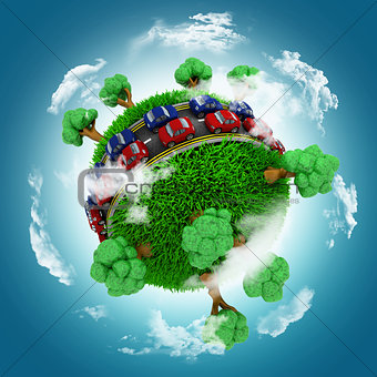 3D grassy globe with cars on roads against a blue cloudy sky