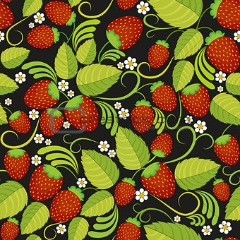 Strawberries seamless background with green leaves, berries