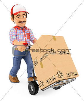 3D Courier delivery man pushing a hand truck with boxes