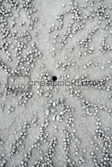 Stones and hole in sand.