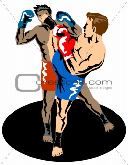 Kick boxer kicking opponent