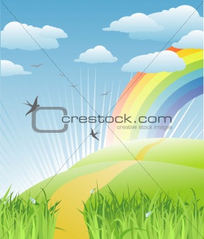 grass, birds and rainbow landscape / vector