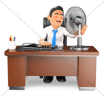 3D Businessman heated in his office with a fan