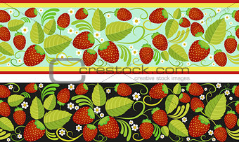Strawberries seamless background with green leaves, berries