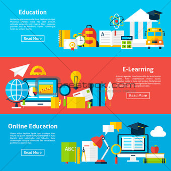 Online Education and Electronic Learning Flat Horizontal Banners
