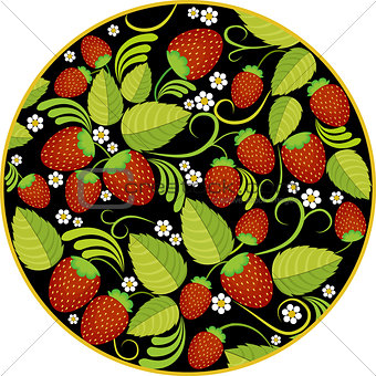 Strawberries background with leaves, berries and flowers in round frame on black