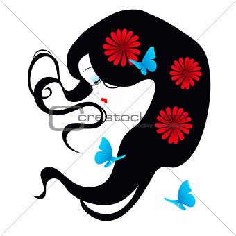 beautiful silhouette of a girl with flowers in her hair