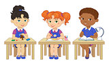 Funny pupils sit on desks read draw clay cartoon illustration