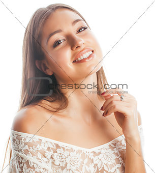 youngwoman smiling dreaming isolated on white, close up