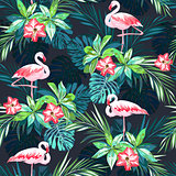 Tropical summer seamless pattern with flamingo birds and  flowers