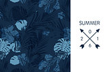 Blue indigo summer tropical hawaiian background with palm tree leaves and exotic flowers