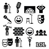 Stand up comedy, entertainment, people laughing icons set