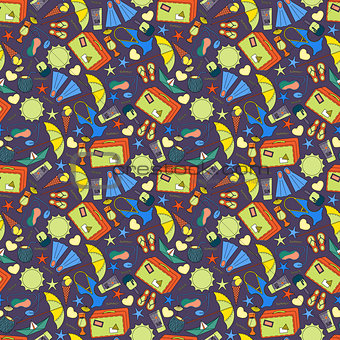 Cartoon hand-drawn doodles on the subject of summer holidays theme seamless pattern.