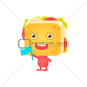 Sandwich Character Cheering With Flag