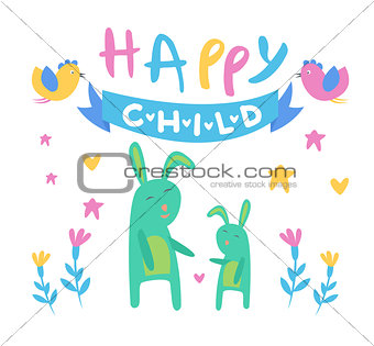 Happy Child Backdrop Illustration With Rabbits