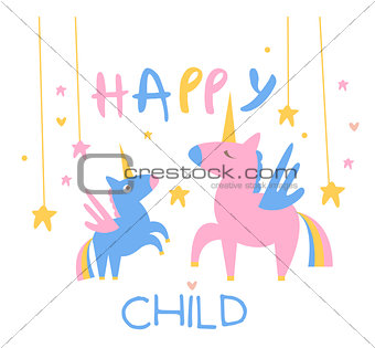 Happy Child Backdrop Illustration With Unicorns
