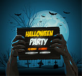 Zombie hands holding a halloween poster ad